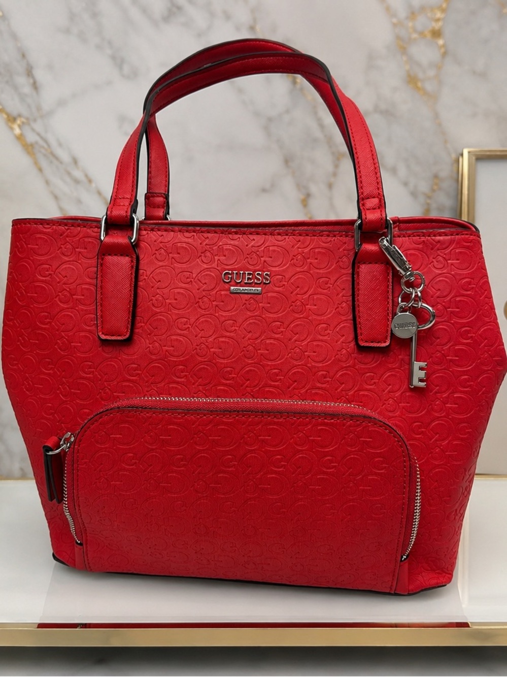Guess Red Embossed Signature Tote with Key Charm